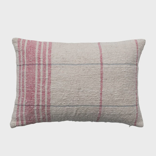 Woven Cotton Slub Lumbar Pillow w/ Grid Pattern