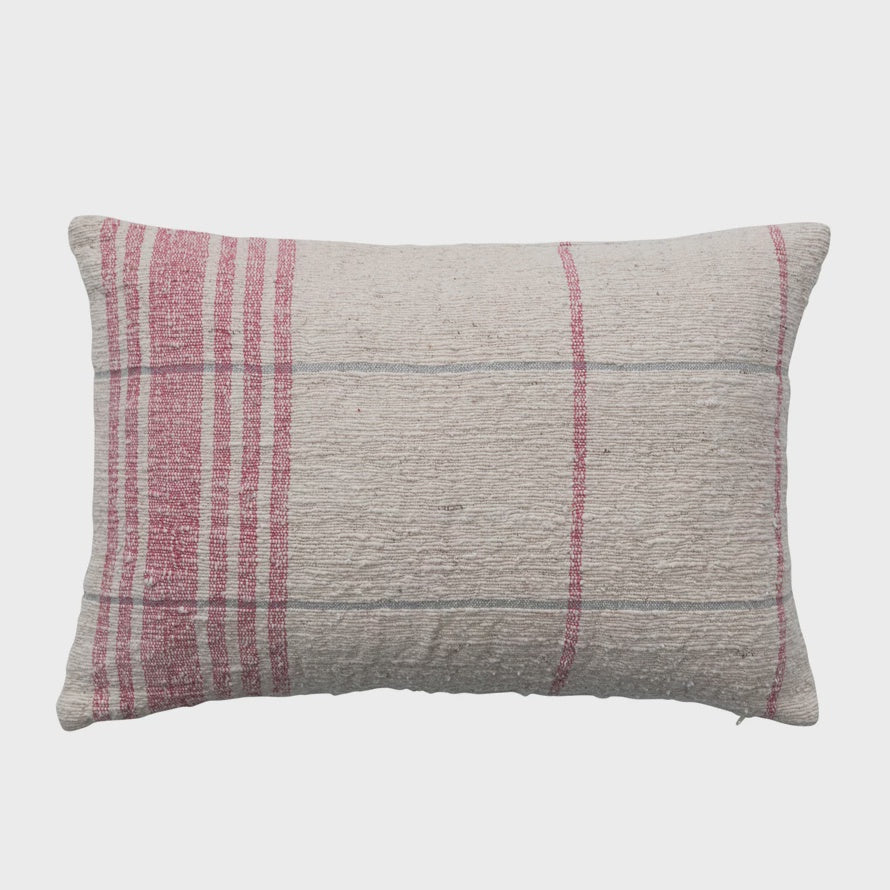 Woven Cotton Slub Lumbar Pillow w/ Grid Pattern